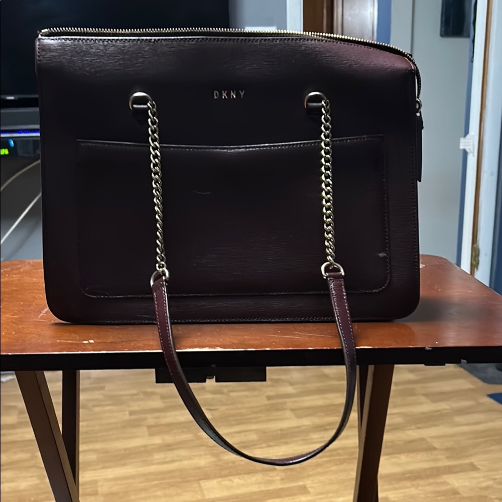 DKNY Black Laptop Bag with Textured Leather and Chain Strap